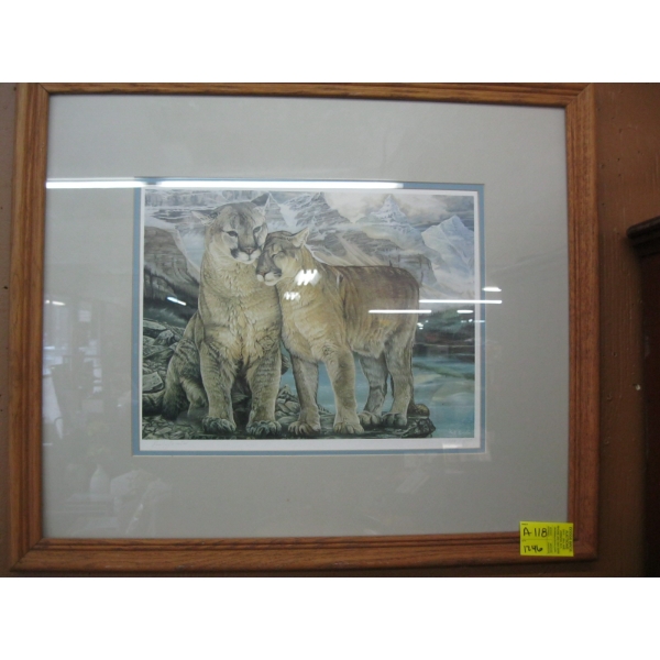 FRAMED, NUMBERED, SIGNED PRINT OF PAIR OF COUGARS BY PAUL LARRABEA