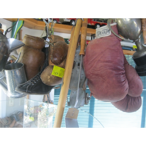 VINTAGE SPORTS ITEMS - PAIR OF BOBBY CLARK SIGNED GLOVES, BOXING GLOVES, CUP, ETC.