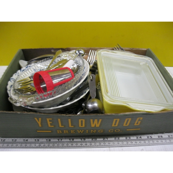 MISC. PYREX LIDDED DISH, CUTLERY, UTENSILS, ETC.
