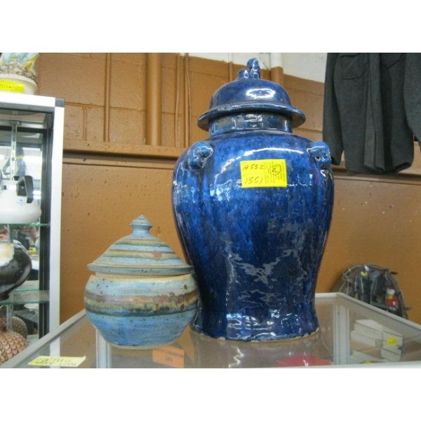 2 LG. POTTERY LIDDED VASES