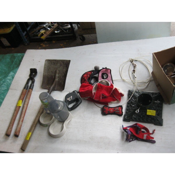 MISC. CHRISTMAS TREE STAND, GARDEN TOOLS, ETC.