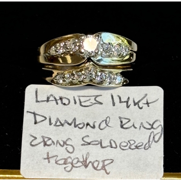 SZ 5 LADIES 10KT DIAMOND RING - 2 RINGS SOLDERED TOGETHER