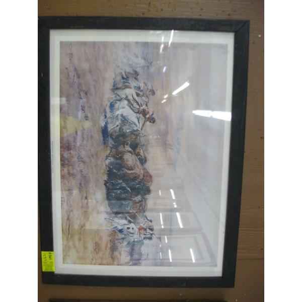 FRAMED RUSSELL PRINT "MANDAN BUFFALO HUNT"