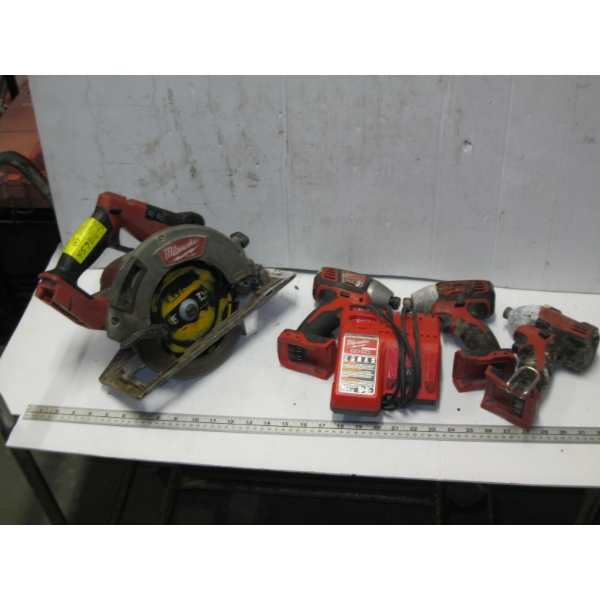MILWAUKEE CORDLESS TOOLS - CIRCULAR SAW, IMPACT GUNS, ETC., CHARGER, NO BATTERY