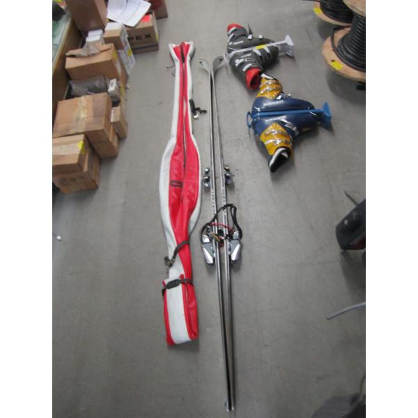 PAIR OF DOWNHILL SKIS IN BAG & 2 SETS OF BOOTS
