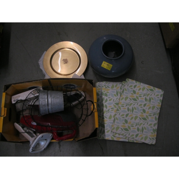 MISC. VACUUMS, LG. VASE, PLATES, TABLE MATS, ETC.
