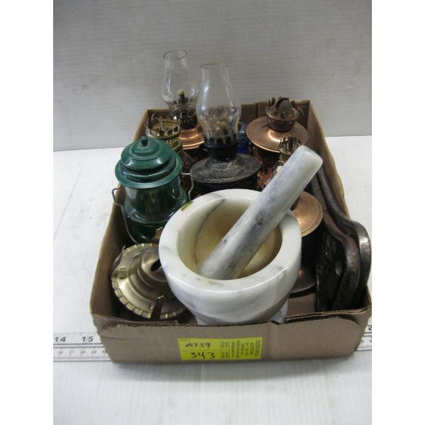 MISC. OIL LANTERNS, OPENERS, MORTAR & PESTLE, ETC.