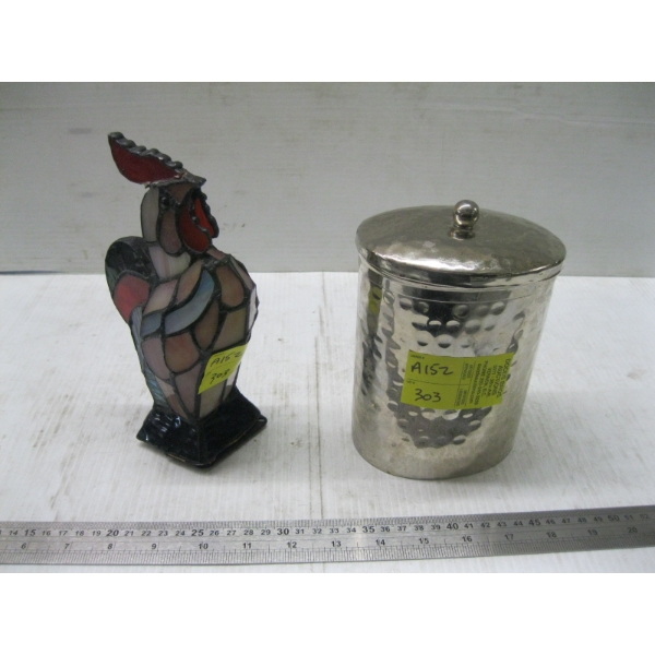HAMMERED SILVER LIDDED CONTAINER & LEADED GLASS ROOSTER
