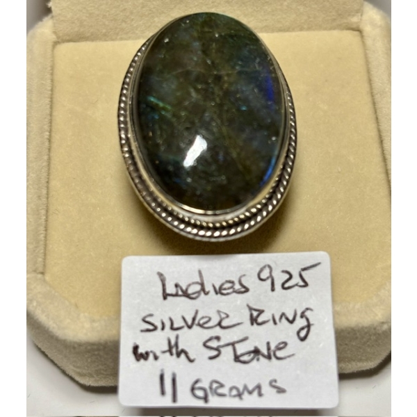 LADIES .925 SILVER RING W/STONE, 11G, SZ 7 1/2
