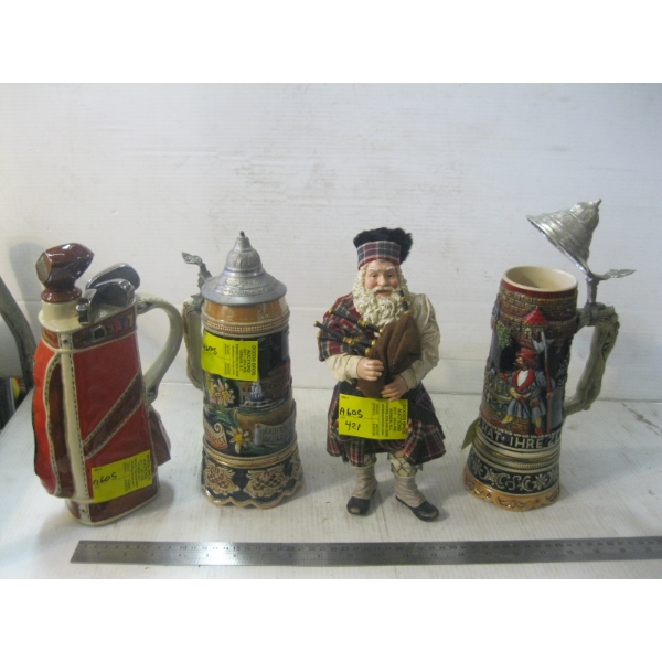 2 MUSIC BEER STEINS, GOLF BAG MUSIC BOX & FIGURINE MUSIC BOX