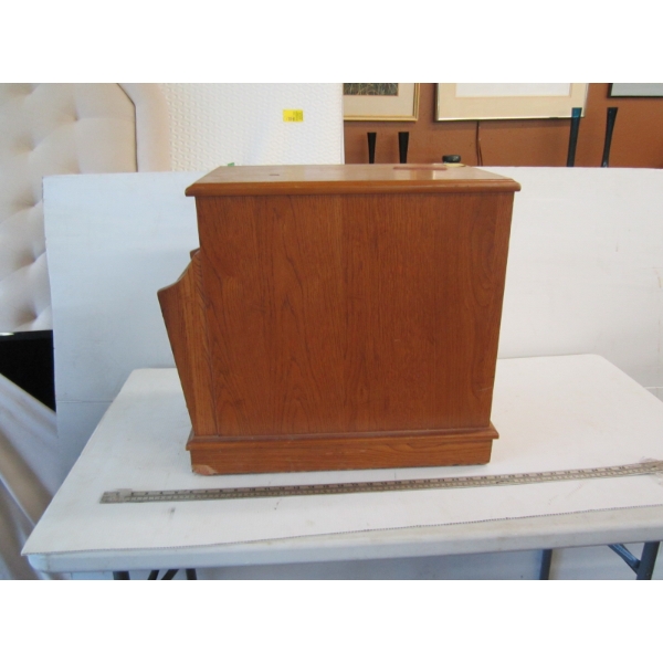 OAK NEWSPAPER CABINET W/SINGLE DOOR, SMALL AREA CARPET & SM. PILLOW