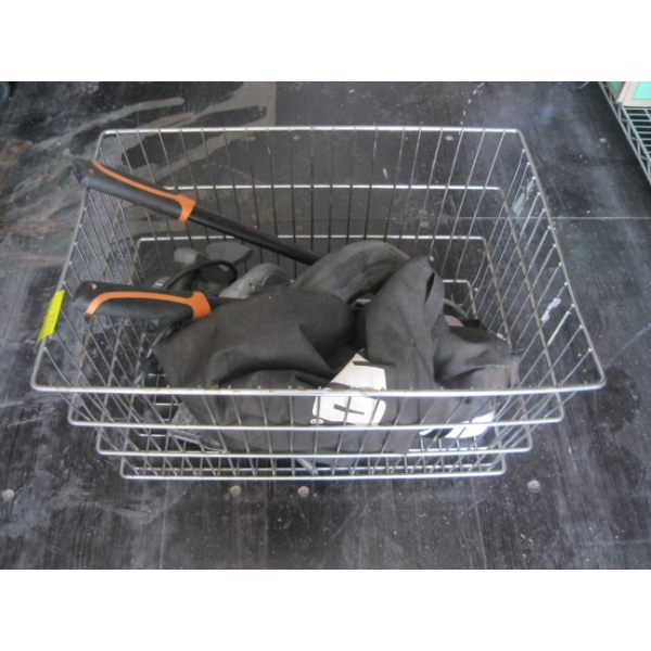 METAL CRATE W/CLIPPERS, SKILL SAW, ETC.