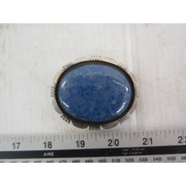 STAMPED STERLING SILVER NAVAJO BELT BUCKLE, SIGNED R. BURNETT, W/BLUE STONE