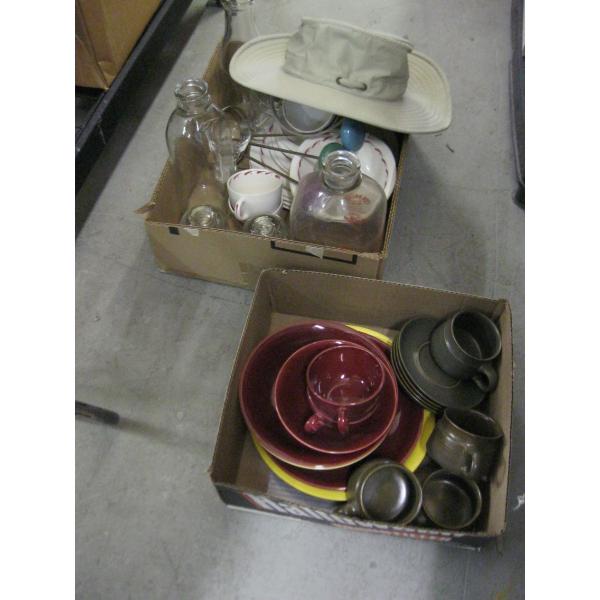2 BOXES OF MISC. DISHES, TILLY HAT, ETC.