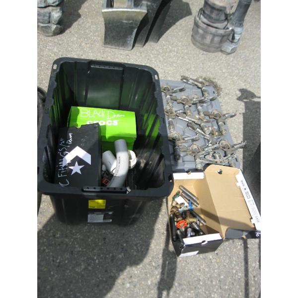 PLASTIC BIN W/ASST'D PVC FITTINGS, SPRINKLER HEADS, ETC.