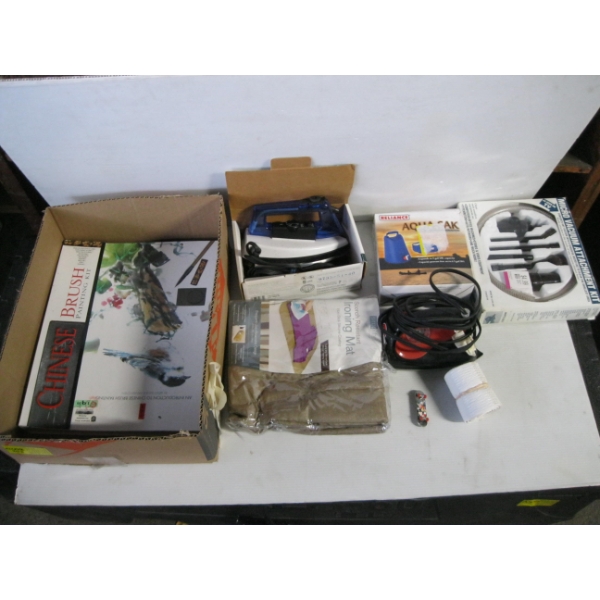 BOX OF MISC. TRAVEL IRONS, VACUUM ADAPTER SET, ETC.