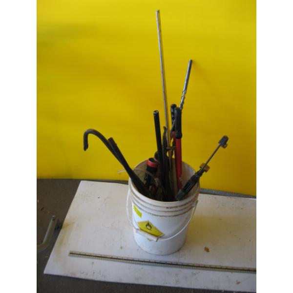 BUCKET W/MISC. CAULKING GUN, DRILL BITS, CRIMPER, ETC.