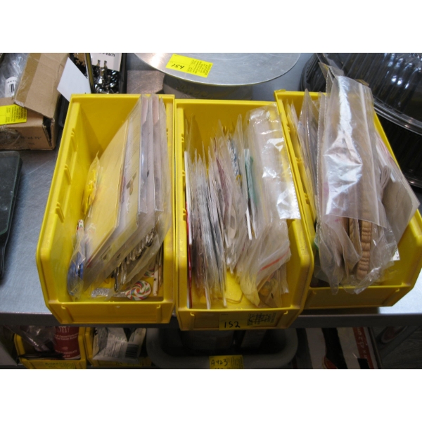 3 YELLOW STORAGE BINS W/MISC. CAKE DECORATING ITEMS