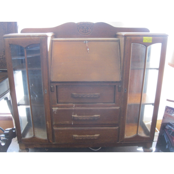 ANTIQUE DROP DOWN SECRETARY DESK W/DRAWERS & GLASS DOORS