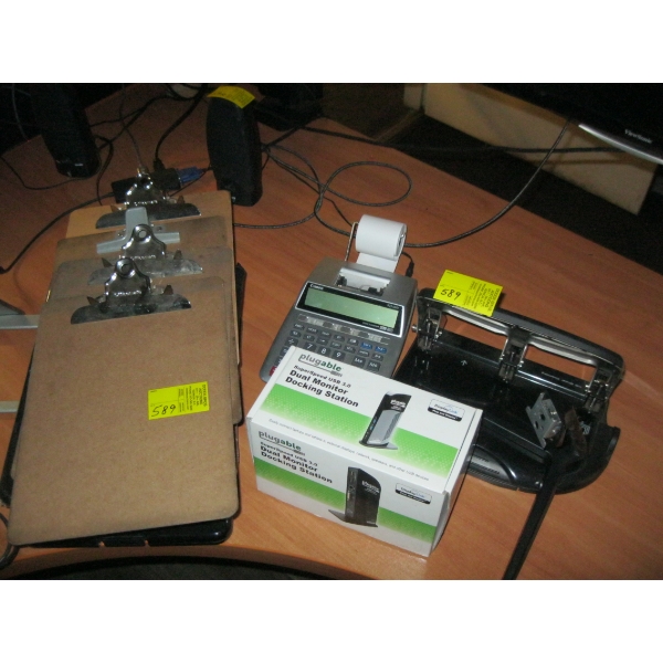 MISC. ADDING MACHINE, HOLE PUNCH, DUAL MONITOR DOCKING STATION, ETC.