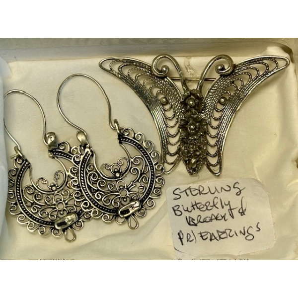 STERLING BUTTERFLY & BROACH W/PAIR OF EARRINGS