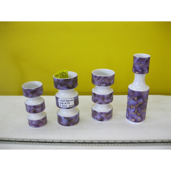 SET OF 4 MCM WEST GERMAN OP ART KPM PURPLE & WHITE PORCELAIN VASES