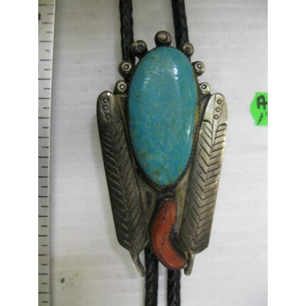 SILVER, TURQUOISE & CORAL NAVAJO BOLO TIE