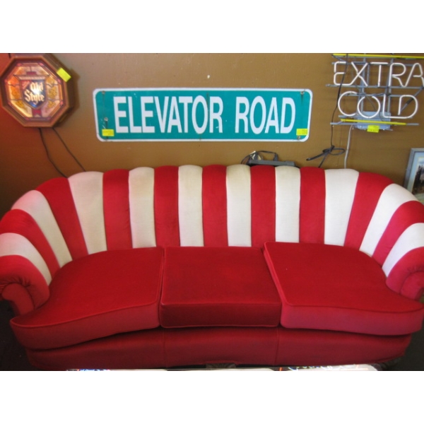 VINTAGE RECOVERED SOFA W/CARVED LEGS - RED/WHITE