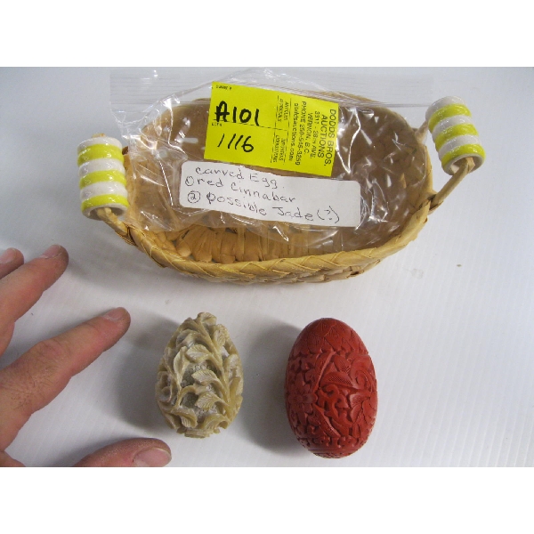 CARVED EGGS & POSSIBLE JADE IN BASKET