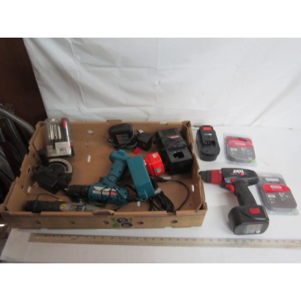 BOX W/ASST. CORDLESS BATTERIES, CHARGERS, DRILLS, ETC.