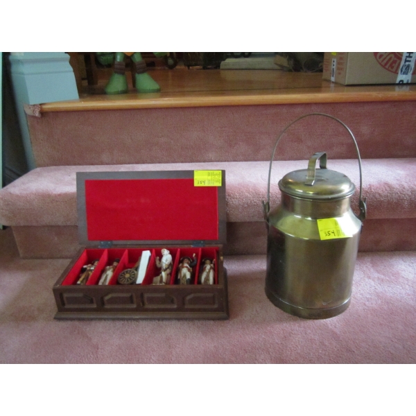 SM. BRASS LIDDED MILK CAN & LIQUOR FILLED FIGURINES IN CASE (EMPTY)