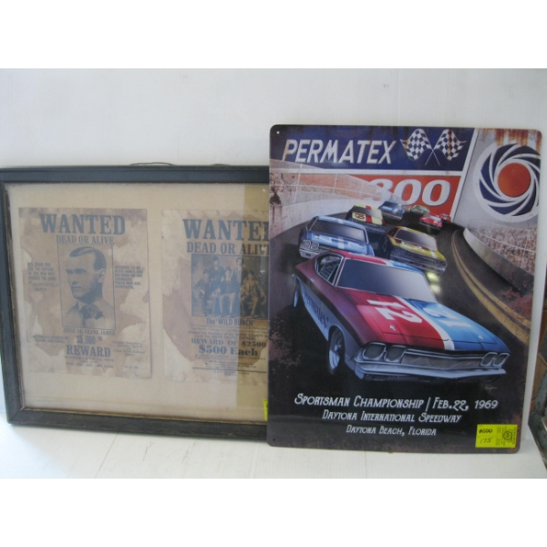WANTED DEAD OR ALIVE FRAMED PICTURE & A DAYTONA BEACH FLORIDA RACING PICTURE