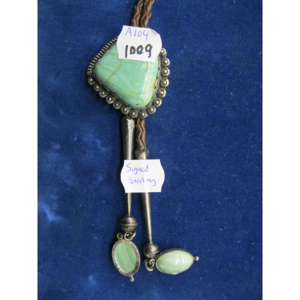 TURQUOISE & SILVER STERLING SIGNED BOLO TIE