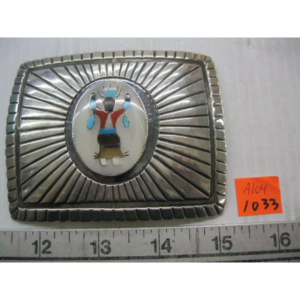 LG. NAVAJO SILVER BELT BUCKLE W/PAINTED STONE