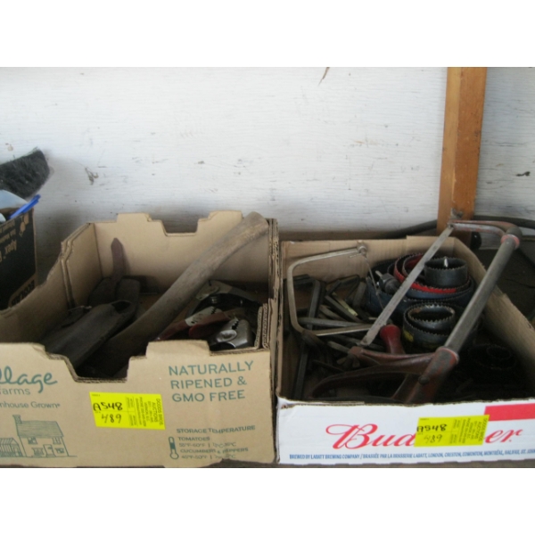 2 FLATS OF ASST. TOOLS: HATCHET, FENCE PLIERS, DRILL BITS, ETC.