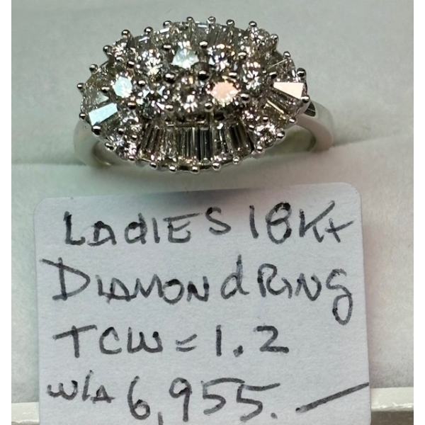 LADIES 18KT DIAMOND RING, 1.2TCW, W/A $6,955, SZ 6 1/4 