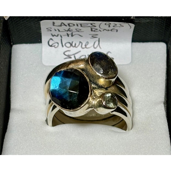 LADIES .925 SILVER RING W/3 COLORED STONES, SZ 9