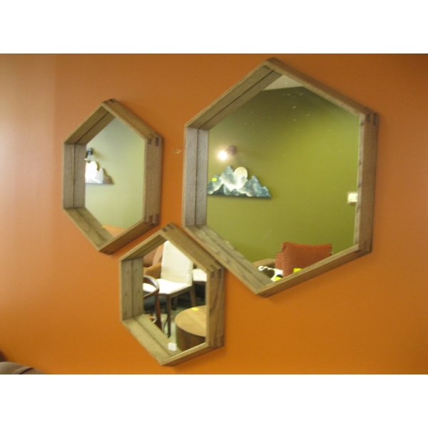 3 PIECE WOOD FRAMED HEXAGON MIRROR SET