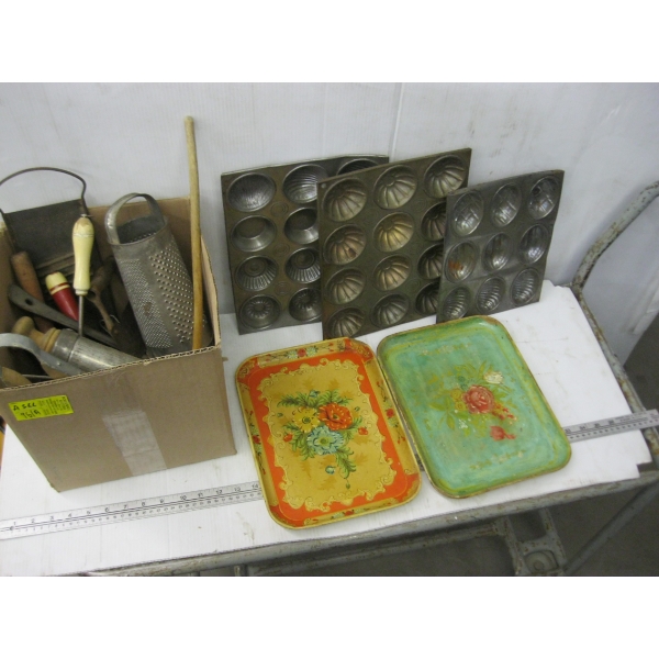 ASST. BAKING PANS, VINTAGE UTENSILS, ROLLING PIN, GRATER, ETC.