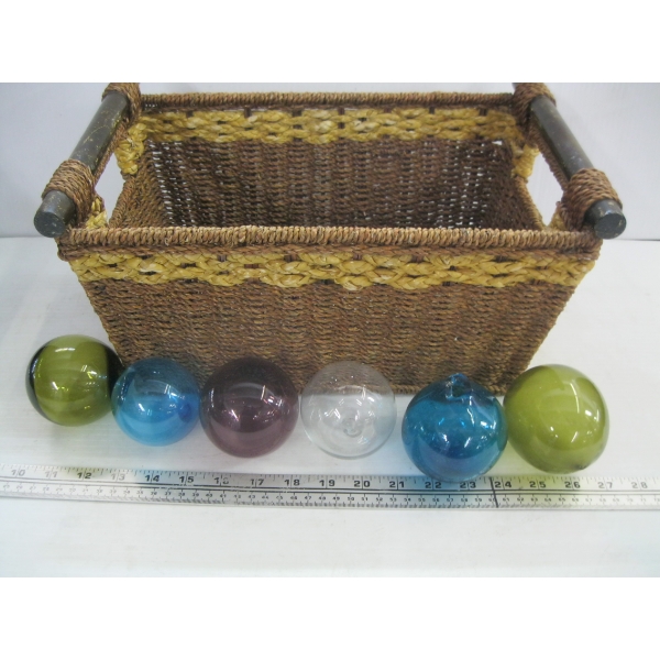 6 GLASS FISHING NET FLOATS IN BASKET