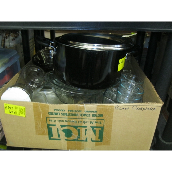 LARGE BOX OF ASST'D POTS, BAKING DISHES, ETC.