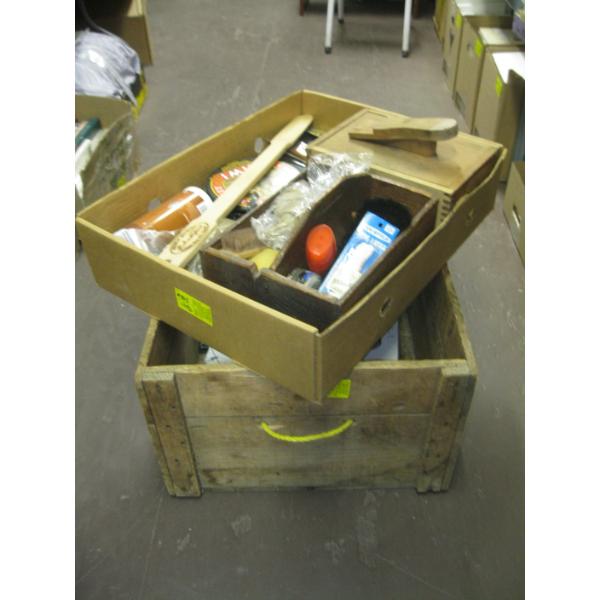 WOOD CRATE W/BOOKS & FLAT OF SHOE CARE SUPPLIES