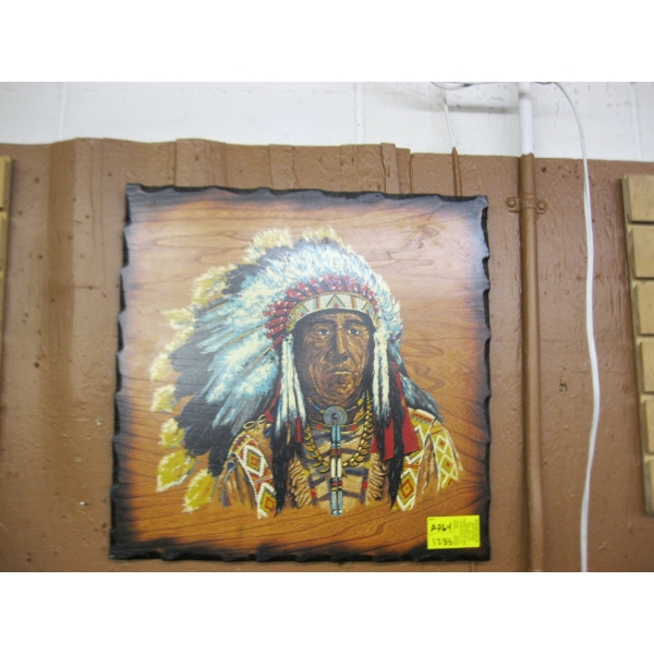 PAINTED PLAQUE OF NATIVE CHIEF W/HEAD DRESS