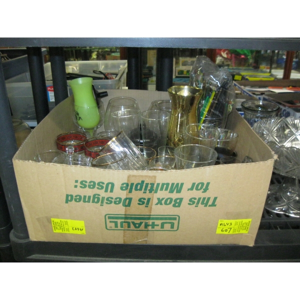 LARGE BOX OF MISC. BAR ITEMS - GLASSES, STIR STICKS, ETC. 