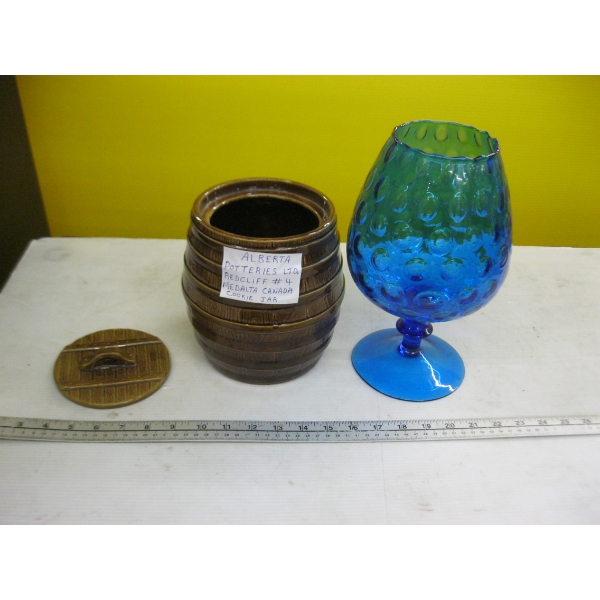 CERAMIC REDCLIFFE POTTERIES COOKIE JAR & A BLUE GLASS VASE