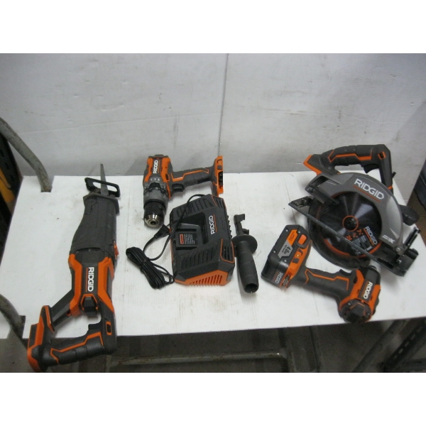 RIGID CORDLESS TOOL SET W/CHARGER, 2 BATTERIES, CIRCULAR SAW, DRILL, IMPACT & SAWZALL FLASHLIGHT