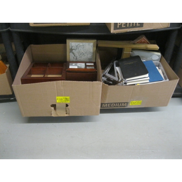 2 BOXES OF PICTURE FRAMES, LIDDED BOXES, ETC.