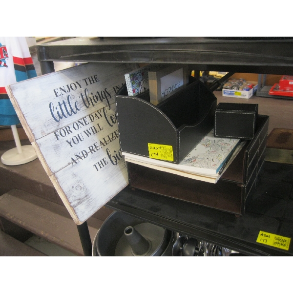 "ENJOY THE LITTLE THINGS" SIGN, BOOKS, FILE HOLDERS, ETC.