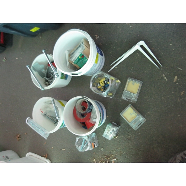 4 PAILS OF SCREWS, HARDWARE, ETC.