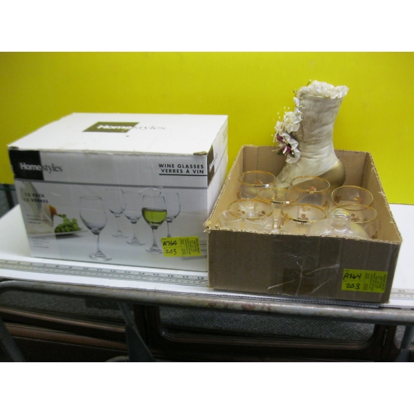 HOMESTYLE WINE GLASSES & ASST. GLASSWARE, CERAMIC BOOT, ETC.